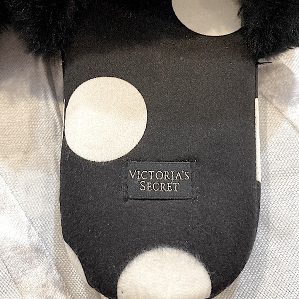Victoria’s Secret Black Retro Pinup Polka Dot SZ S Faux Fur Smooth Satin Slipper - Picture 2 of 8